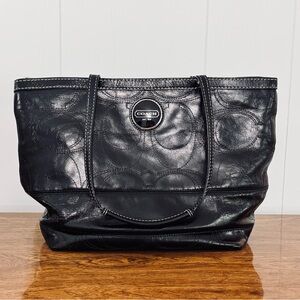Coach Black Leather Signature Circle Tote Vintage 2000s